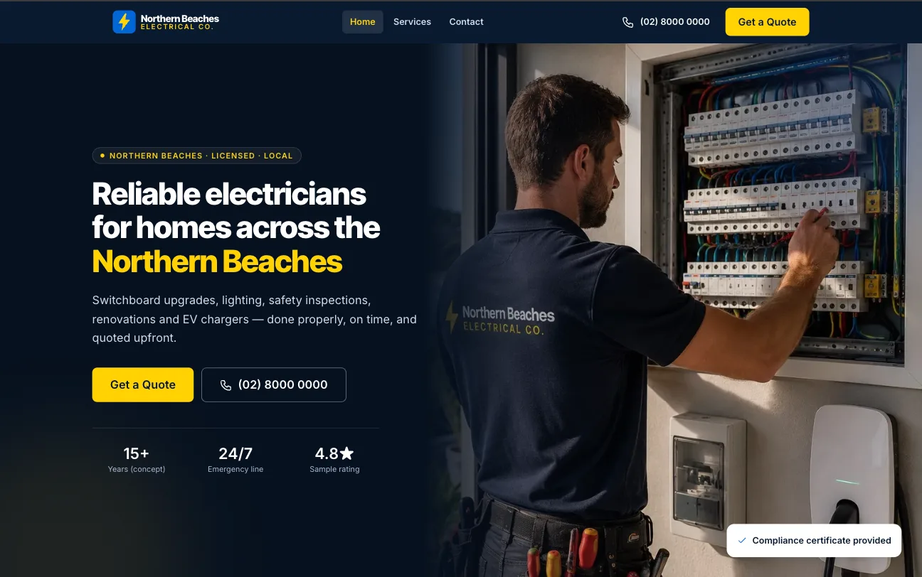 Website design concept for Northern Beaches Electrical Co., a local electrical business
